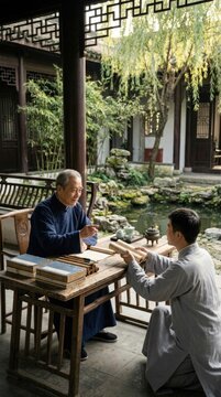 Confucian master instruction: elder scholar, filial student, ancient scroll, wisdom teaching, morality lesson, courtyard setting, ethical practice, cultural heritage.