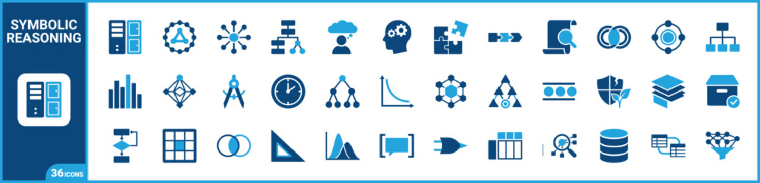 Knowledge Reasoning two-tone icon set. Filled glyph pictograms of symbolic computing, logic graphs, ontology, and algorithm elements, blue duotone illustration.