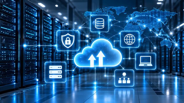 Global cloud computing ecosystem with cybersecurity shield and database icons glowing inside a modern enterprise data center