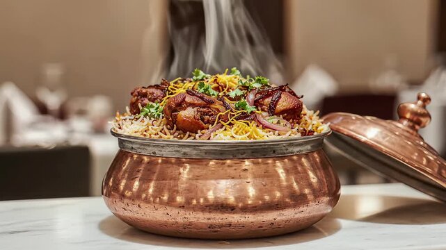 Authentic Indian Chicken Biryani Served Hot in a Copper Handi