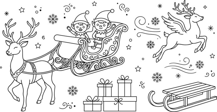 Christmas sleigh line art vector illustration collection featuring cute elves, flying reindeer with wings, holiday gift boxes, stars, and snowflakes for winter seasonal design.