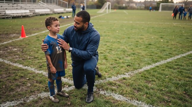Father kneels to comfort upset son in soccer uniform on muddy field after game, coach offering support and encouragement, outdoor youth sports setting with goalposts and spectators