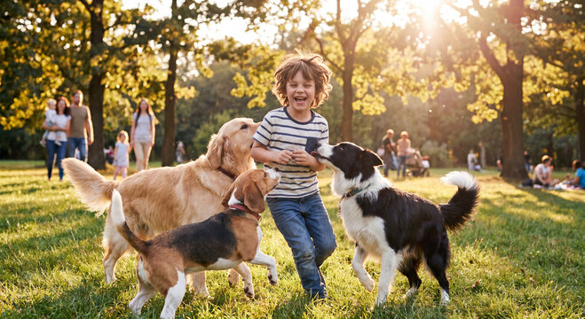 Cheerful father and his young children running and playing with friendly pet dogs on green grass in a sunlit public park during autumn