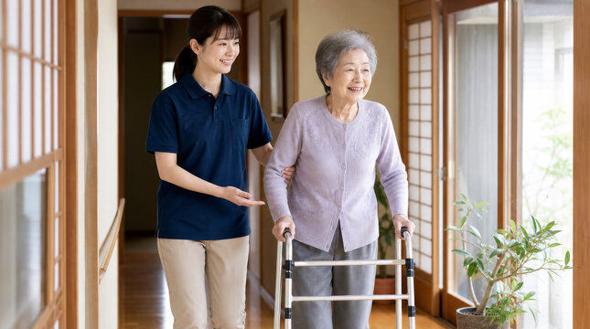 歩行器で歩く練習をするシニアと訪問リハビリの理学療法士