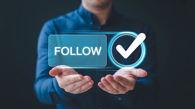 Person holding follow button representing social media engagement and digital communication