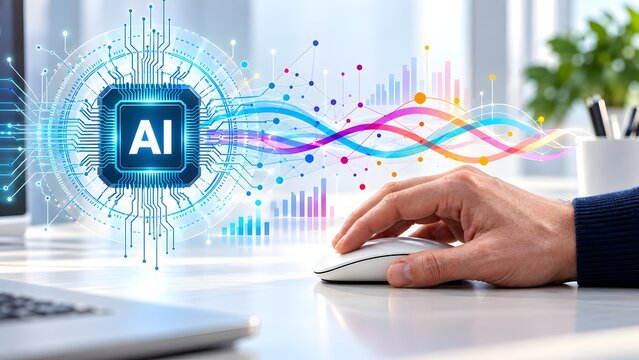 Hand using computer mouse with glowing AI microchip hologram and colorful data analytics waves on modern office desk