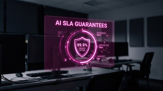 Illuminated holographic display showcasing advanced artificial intelligence service level guarantees, emphasizing robust data security and critical system uptime reliability