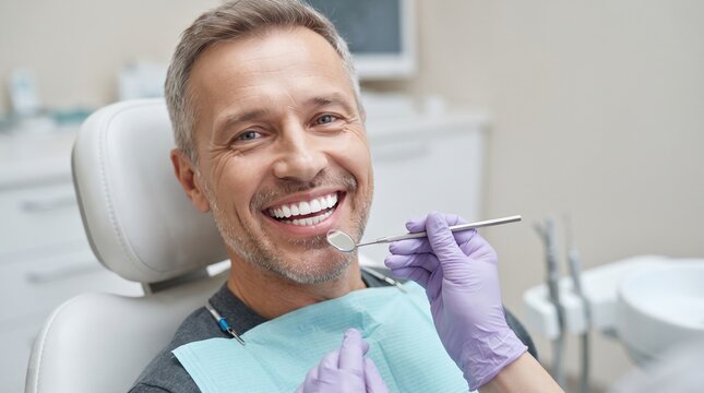 A cheerful middle aged man smiles broadly in a dental chair while a dentist holds a mirror, showing healthy white teeth during a checkup.