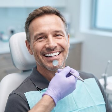 A cheerful middle aged man smiles broadly in a dental chair while a dentist holds a mirror, showing healthy white teeth during a checkup.
