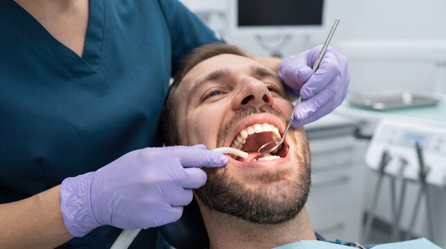 A bearded man lies back with his mouth open while a dentist examines his teeth with a mirror and suction tube during a dental procedure.