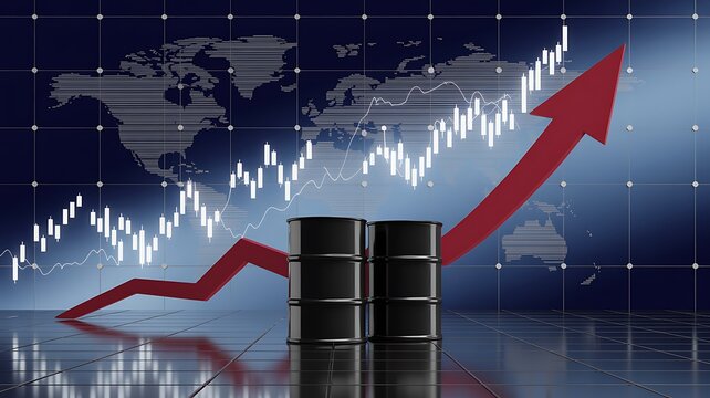 : Rising financial chart with oil barrels representing energy market growth and investment