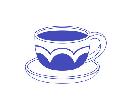 Ornamented cup of coffee. Ceramic mug of tea on saucer. Patterned teacup of hot beverage. Coffeehouse drink on little plate. Icon of coffe, cofee. Flat isolated outline vector illustration on white