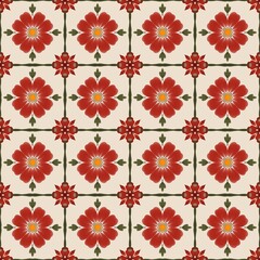 Classic Red and Gold Tile Seamless Pattern, Luxury Vintage Mosaic Background © Duen