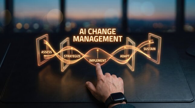 Hand interacting with a futuristic AI change management system, illustrating the strategic process of implementing artificial intelligence for business transformation and digital innovation