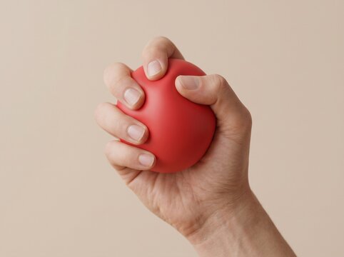 A hand squeezing a red stress ball for anxiety relief and relaxation.