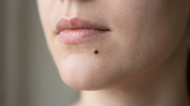 A close-up view of a woman's chin and lips, featuring a distinct mole just below her lower lip. The shot focuses on the facial feature, emphasizing its prominence against her skin