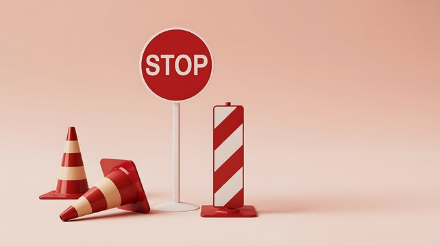 Stop sign with traffic cones and barriers representing road safety and caution