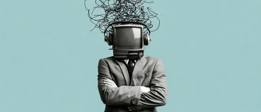 Man in formal suit with vintage television head stands against a light blue grey backdrop with black squiggles around him in a creative artistic scene