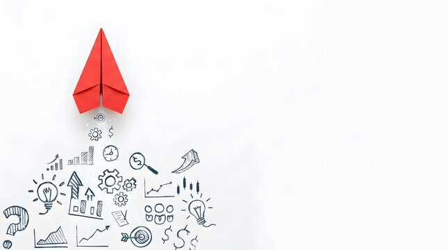 Creative Business Startup Launch Concept with Red Paper Plane Flying Upwards Leaving a Trail of Hand Drawn Strategic Icons such as Light Bulbs Gears and Growth Charts on a White Background