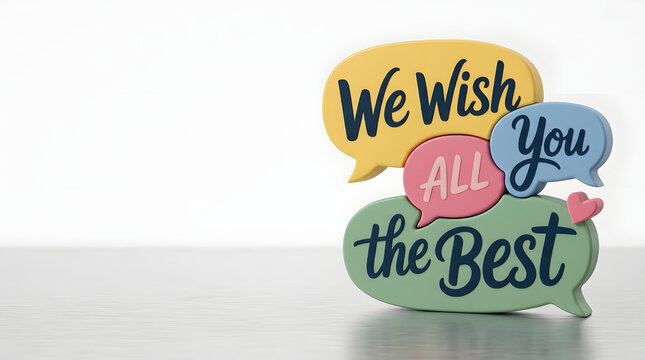 Colorful Speech Bubble Puzzle Blocks with the Text We Wish You All the Best on a White Background, Perfect for Retirement, Graduation, New Job, or Farewell Greeting Card Concept.