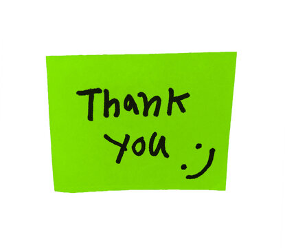 Bright green sticky note with handwritten Thank You message and smiley face isolated on white background