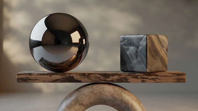 Balanced metal sphere and cube on a scale representing stability and comparison