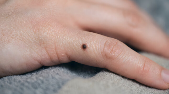 A close-up shot of a mole on a person's finger. The mole is small and dark, located on the knuckle between the index and middle finger. The surrounding skin is light-toned and appears healthy.