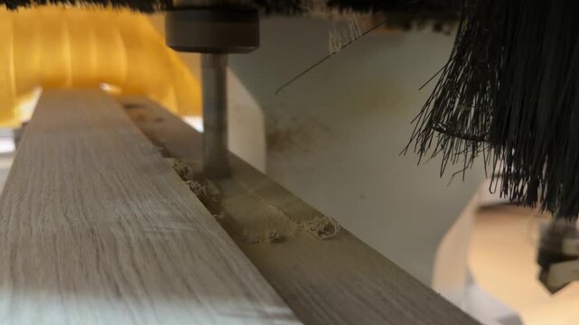CNC wood milling process with spindle cutting wooden board, CNC router in action on timber workpiece