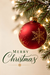 Obraz premium A detailed closeup view of a bright red christmas ornament gracefully suspended on a beautiful green tree with elegant holiday calligraphy