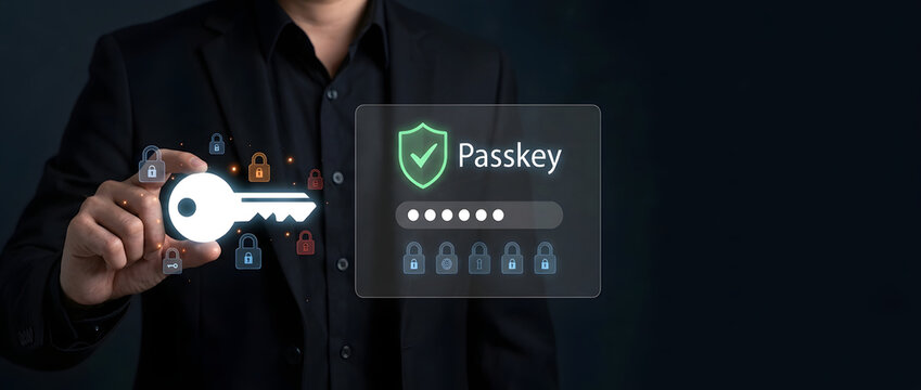 Businessman Holding Virtual Key for Passkey Technology Security Concept, Representing Passwordless Authentication, Data Protection, and Cyber Defense for Secure Digital Access and Online Privacy