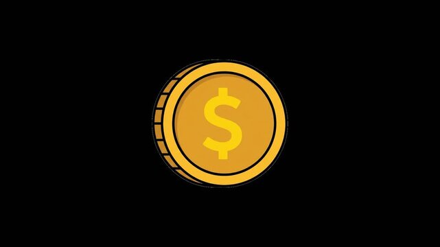 Minimalist 3D gold dollar coin icon illustration with thick black outlines and segmented side edge detail isolated on a white background representing finance, currency, and wealth.