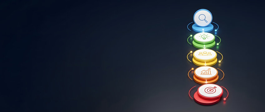 3D Vertical Business Process Infographic Banner Featuring Five Stages of Success from Research and Innovation to Teamwork Growth and Target Achievement on a Modern Dark Background