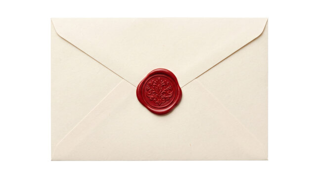 Classic cream paper mailing envelope sealed with luxury red wax seal stamp. Royal wedding invitation formal correspondence letter mockup. Isolated on transparent background.