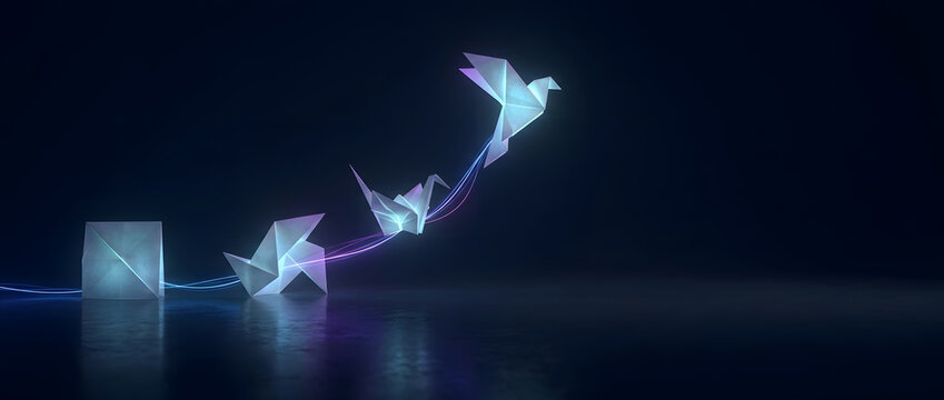 Conceptual representation of transformation and growth featuring glowing origami birds evolving from a simple square into a flying crane with vibrant neon light trails on a dark background