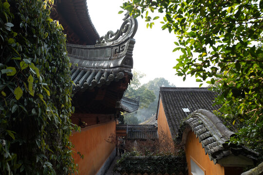 Traditional Architecture Guoqing Temple Tiantai Zhejiang Yellow Wall Black Tile Roof Zen