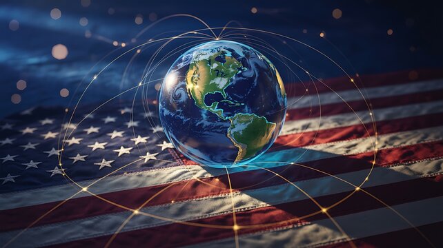 Digital globe with American flag representing global economy and international business