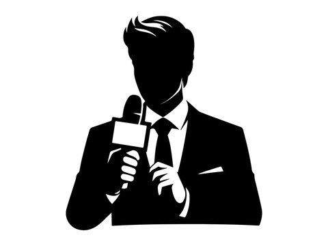 Professional news reporter holding microphone while wearing suit jacket for broadcast journalism media coverage.