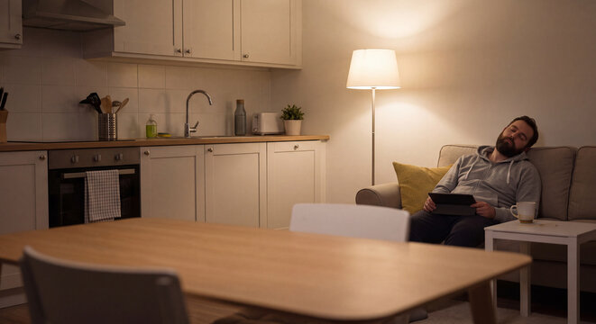 Tired man sitting back on a comfortable couch in an open plan apartment living room while using a digital tablet during quiet late evening hours