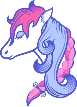 Fantasy horse head in profile. Horse with flowing pink and blue mane with curls and decorative braid with sleigh bells. Stylized folk-art inspired illustration of equine