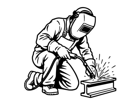 Professional welder worker wearing protective mask equipment welding steel beam with sparks for industrial project.