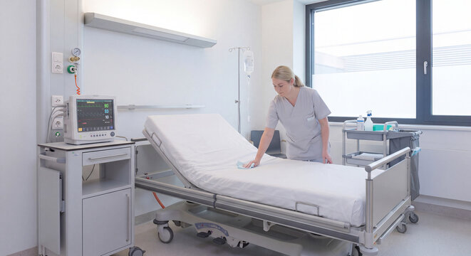 Hospital nursing assistant adjusting clean linen on an adjustable medical bed in an orderly sanitized hospital recovery ward room