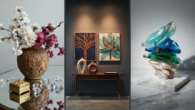 A triptych showing a carved wooden vase with flowers, a console table with and a colorful glass sculpture on a marble base in a room