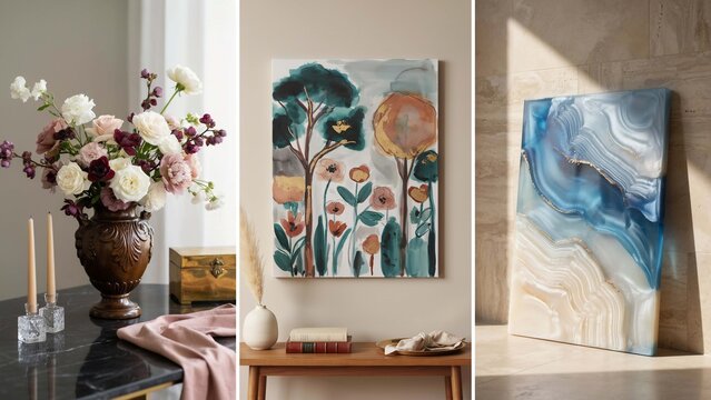 A triptych showing a bouquet of roses in a bronze vase, an abstract floral painting on a wall, and a blue agate stone slab with gold veins