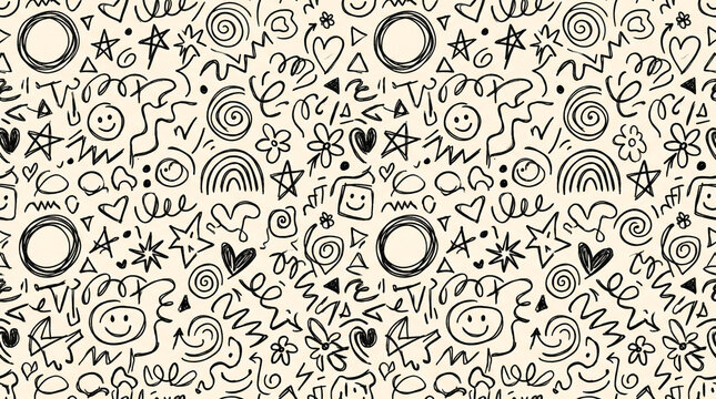Seamless doodle pattern with hand drawn scribbles, hearts, stars and line art abstract shapes