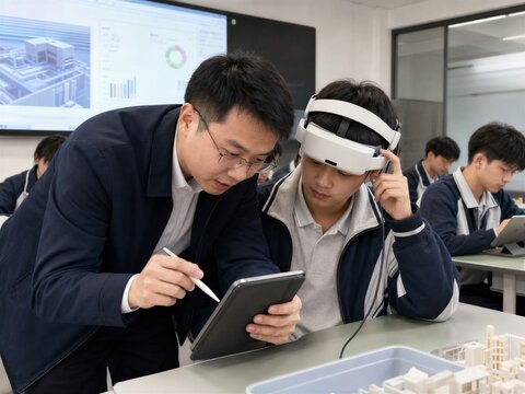 Teacher and Student Using Virtual Reality Headset and Tablet in Modern Classroom