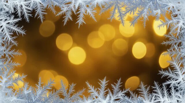 Golden bokeh lights framed by frost and snowflakes during winter celebration with festive atmosphere