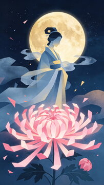 Ancient Chinese Lady Silhouette Under Full Moon with Pink Chrysanthemum, Mid-Autumn Style Illustration