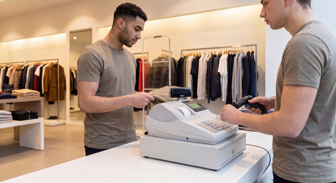 A male cashier in a casual tee operates the checkout cash register while serving a shopper at the counter of a modern clothing store
