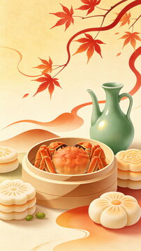 Traditional Chinese Autumn Food Illustration with Hairy Crab, Pastry, Maple Leaf and Celadon Teapot