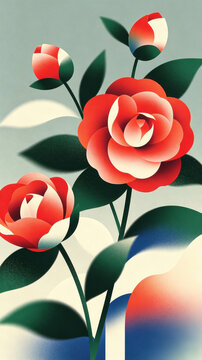 Stylized Illustration of Red Camellia Flowers and Buds with Gradient Color and Dark Green Leaves
